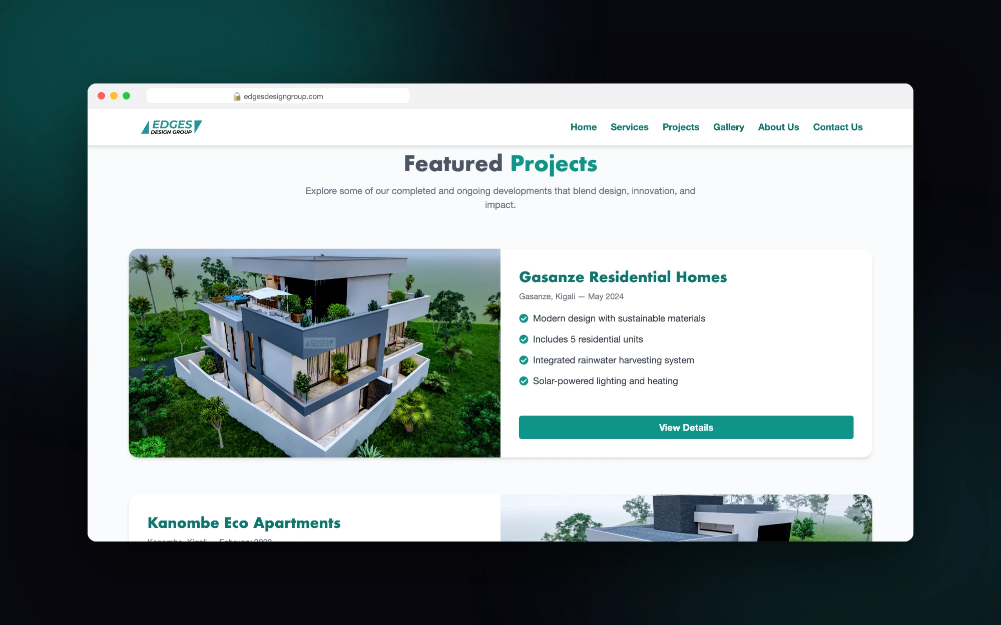 Edges Design Group: Featured developments, each with its key details.