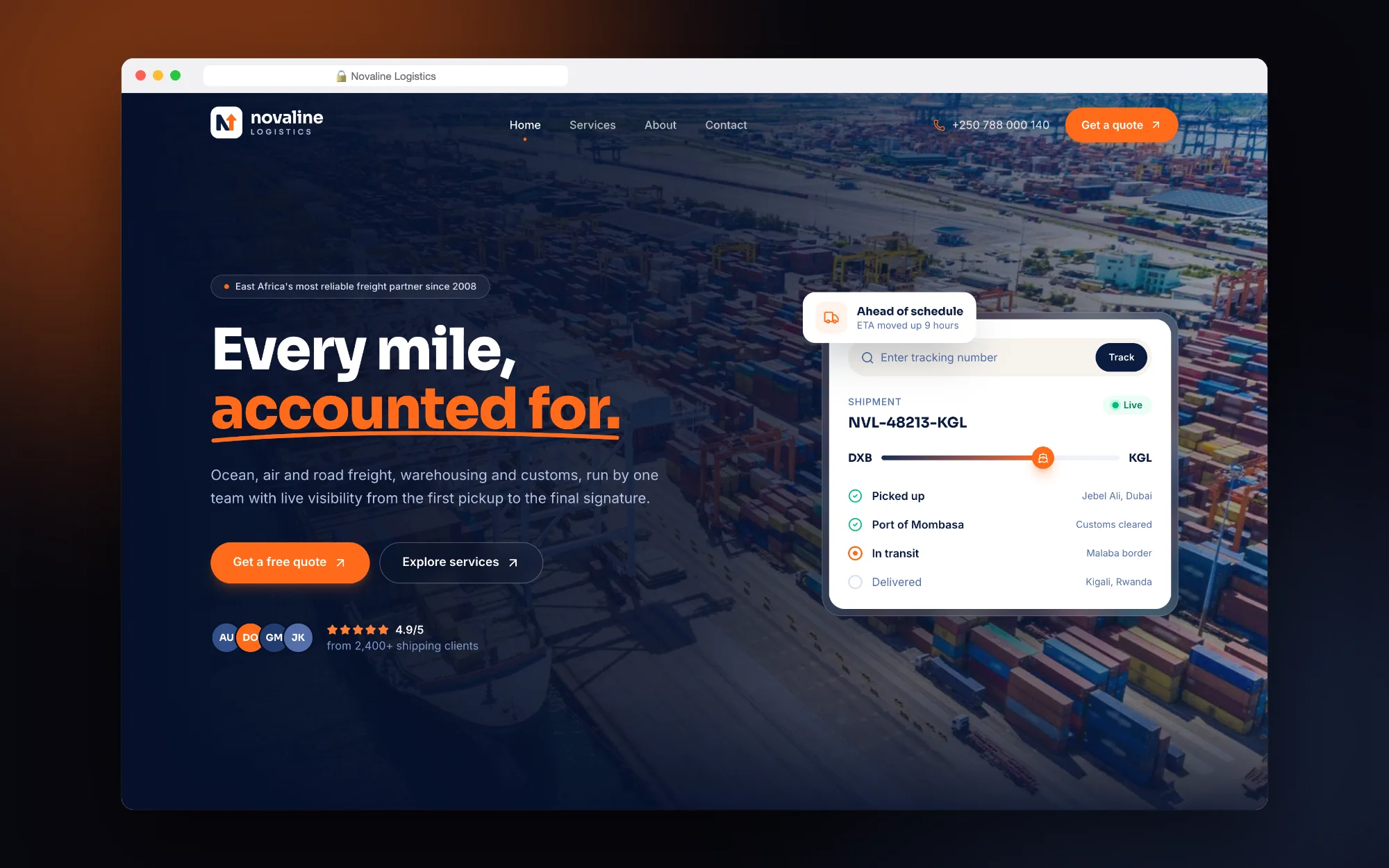 Novaline Logistics: Homepage hero with a shipment tracking panel.