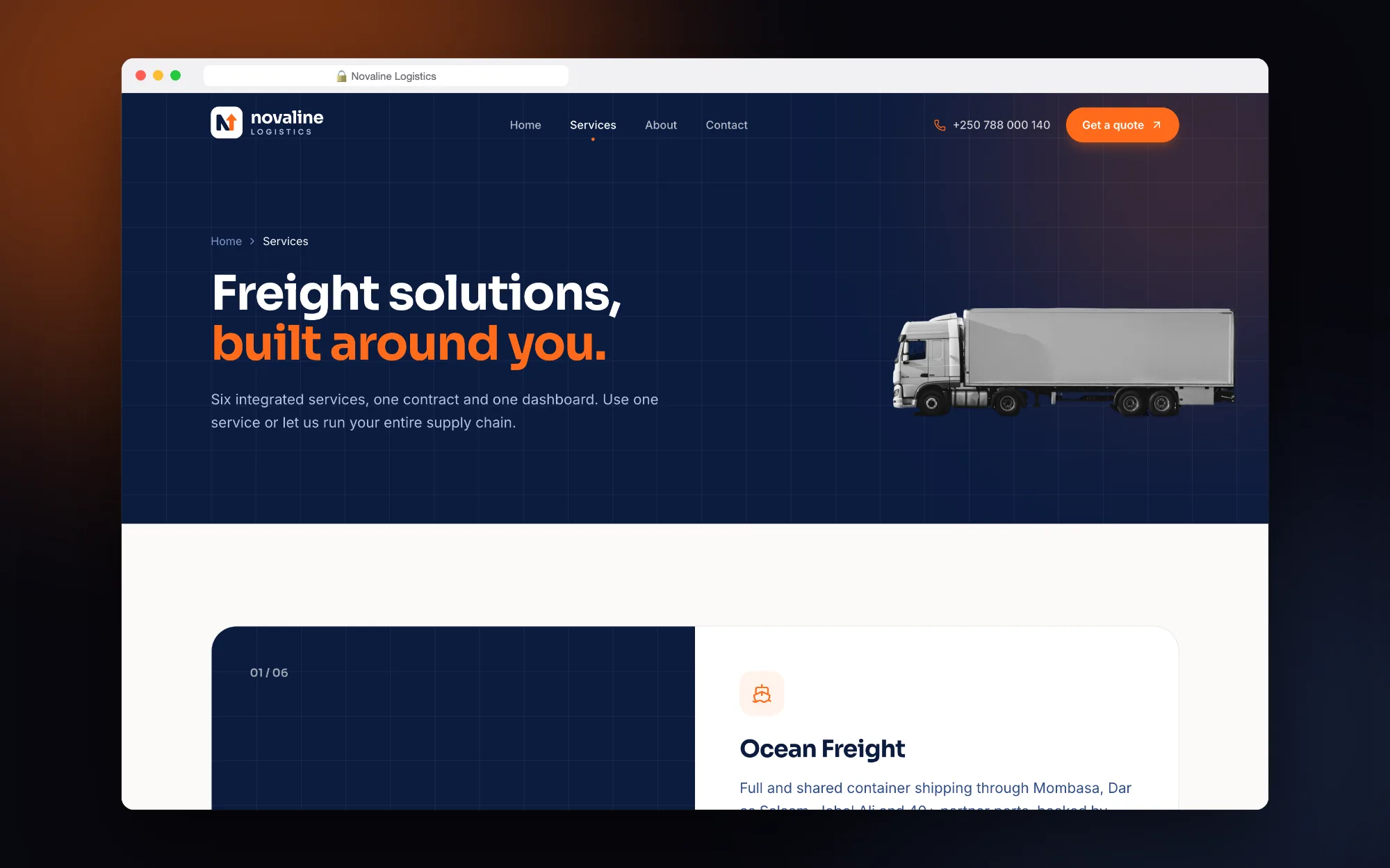 Novaline Logistics: Services page header introducing six integrated services.