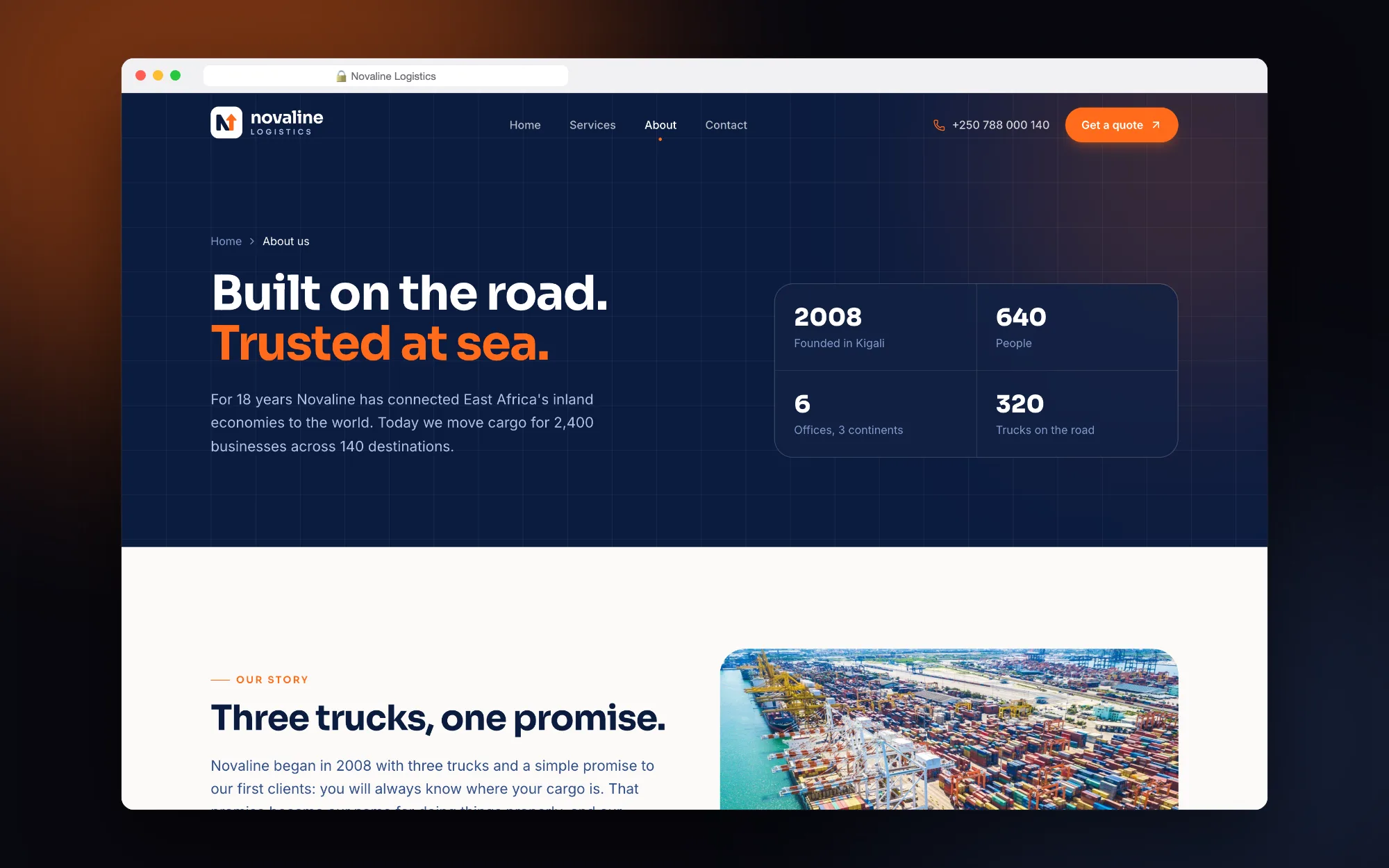 Novaline Logistics: About page opening with the company story in numbers.