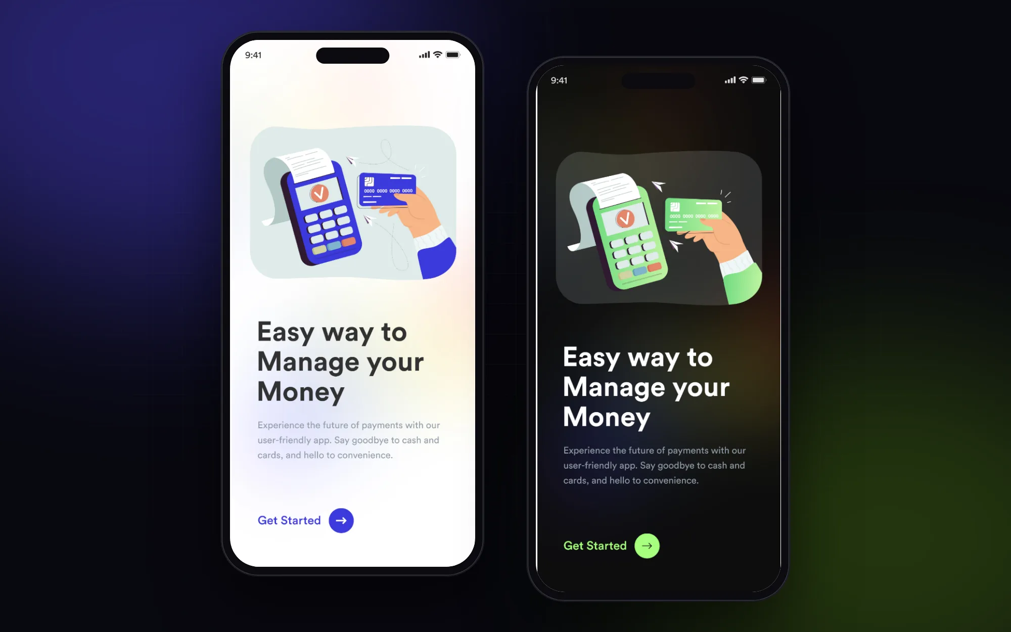 PayFlow: Onboarding in light and dark mode.