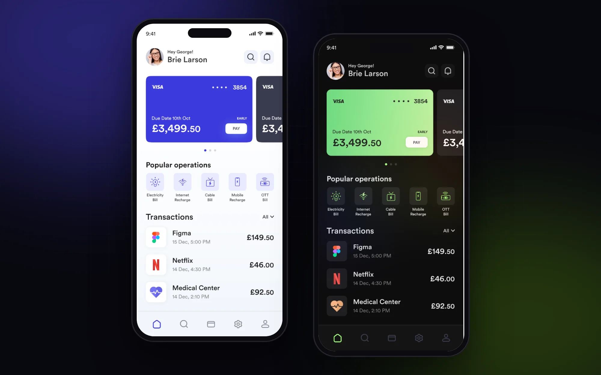 PayFlow: Wallet home: cards, quick bill payments and recent transactions.