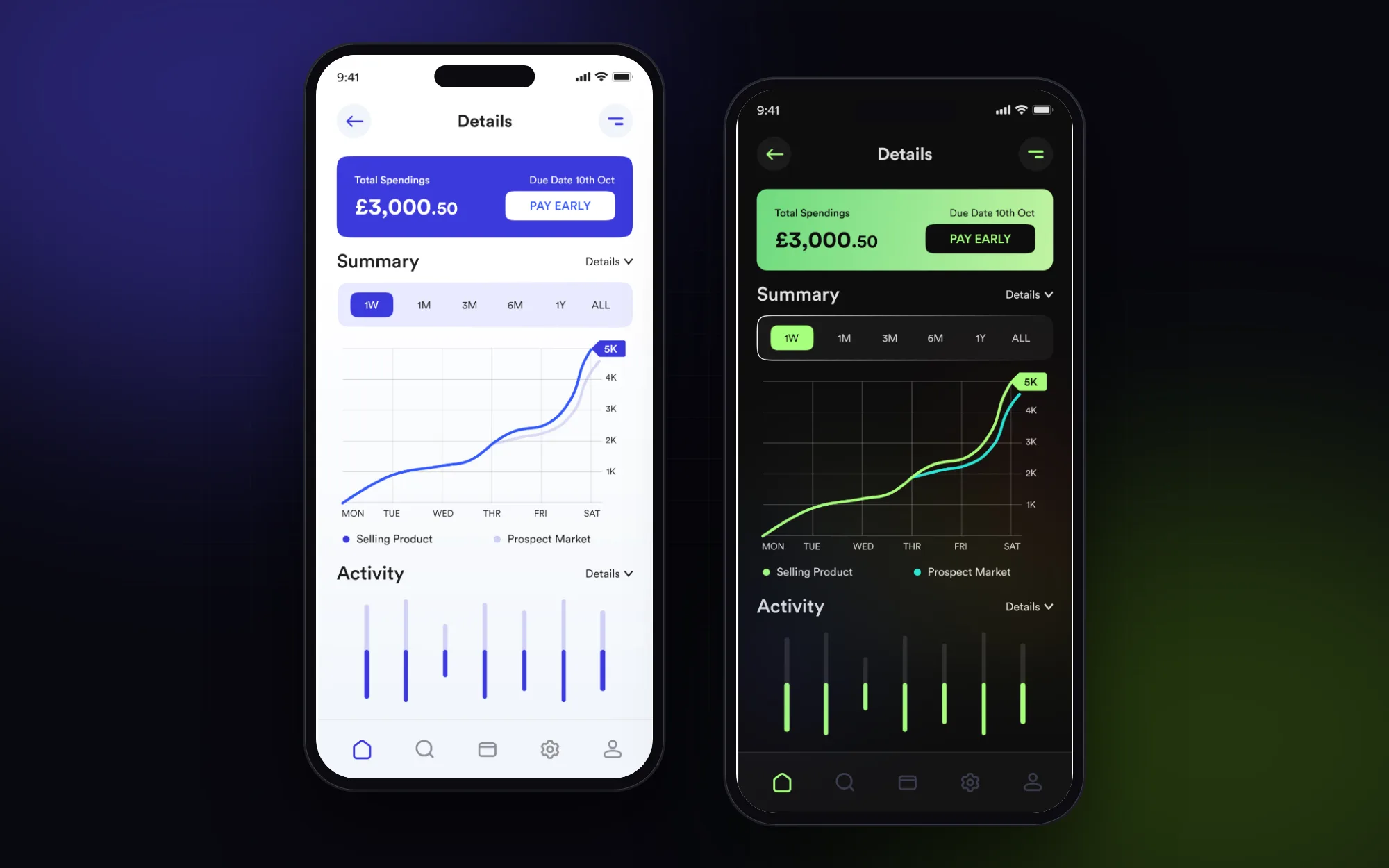 PayFlow: Spending summary and activity charts.