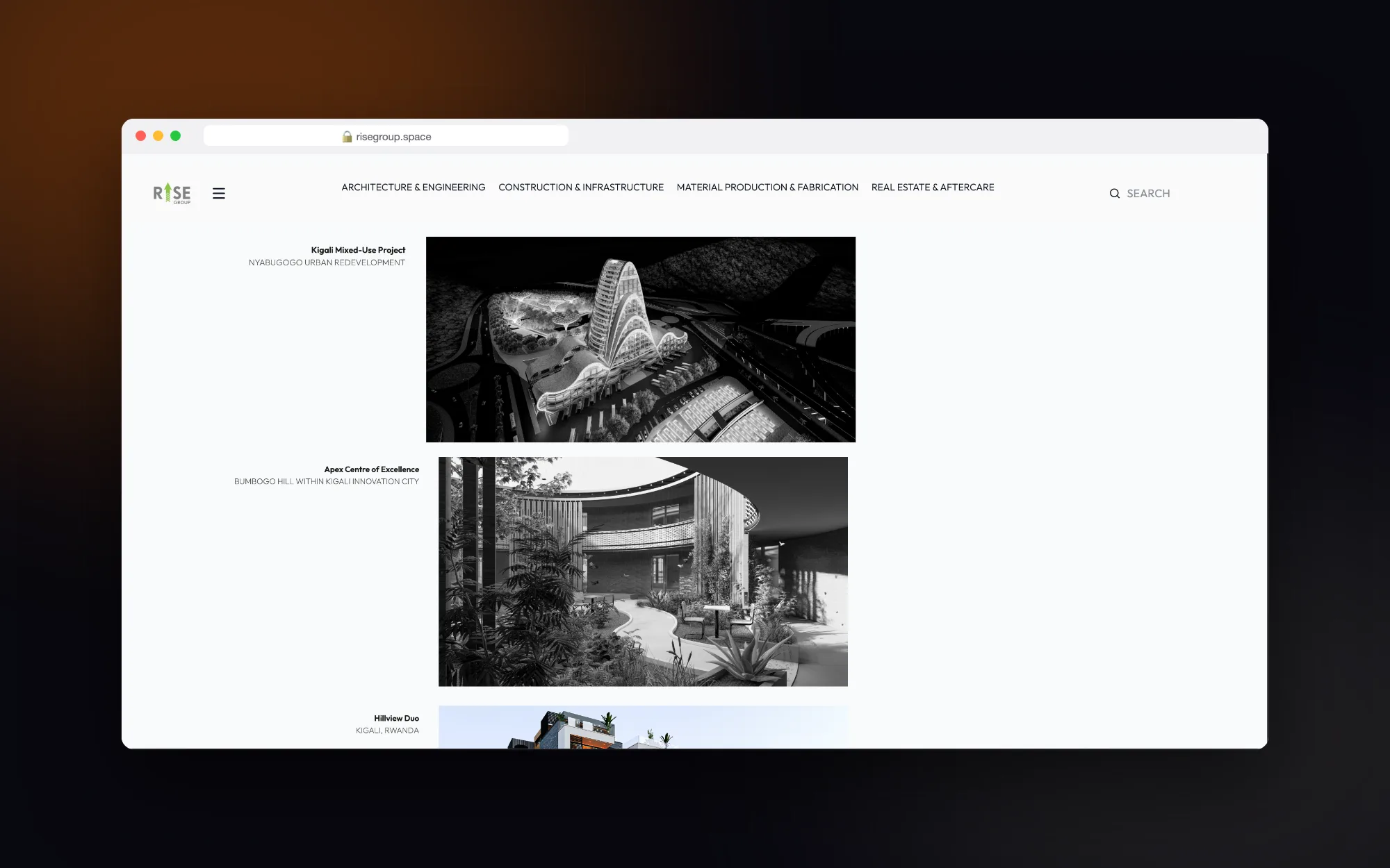 Rise Group: Minimalist, image-first projects page.