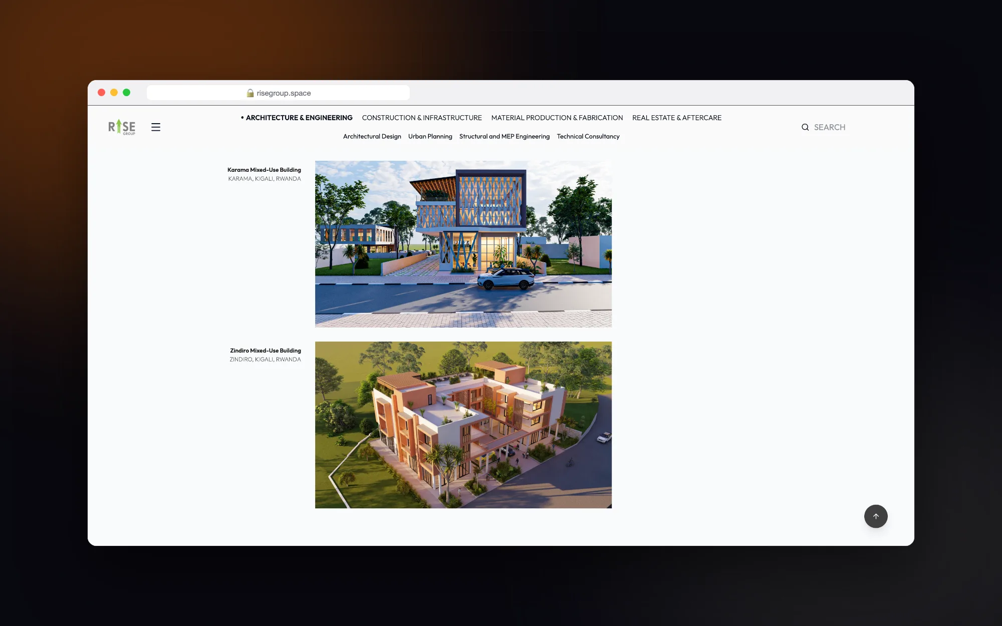 Rise Group: Project showcase with location details for each building.
