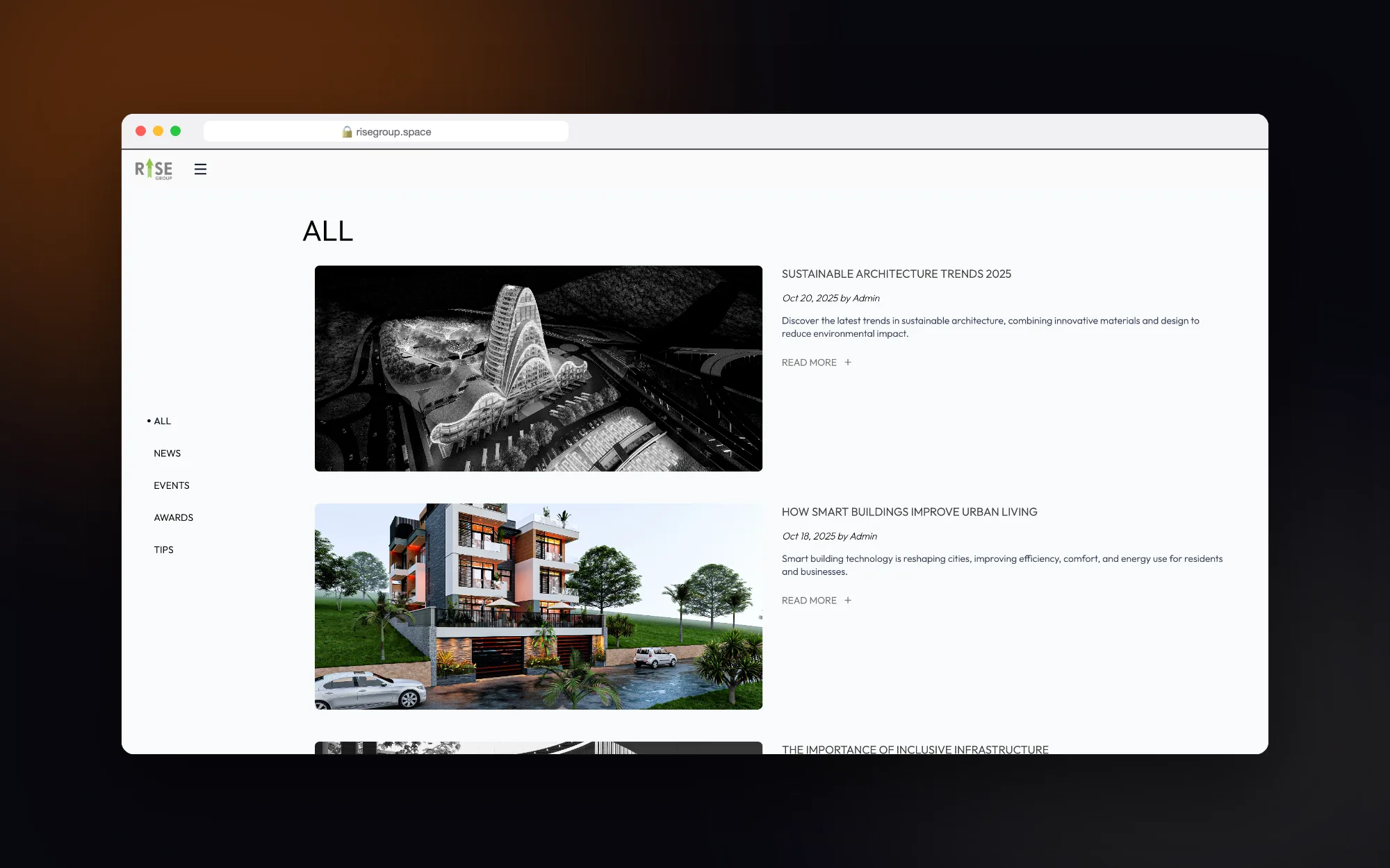 Rise Group: News and insights with category filters.