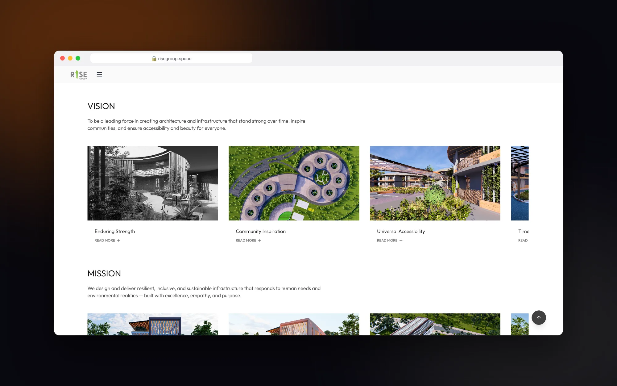 Rise Group: Vision and mission page with project imagery.