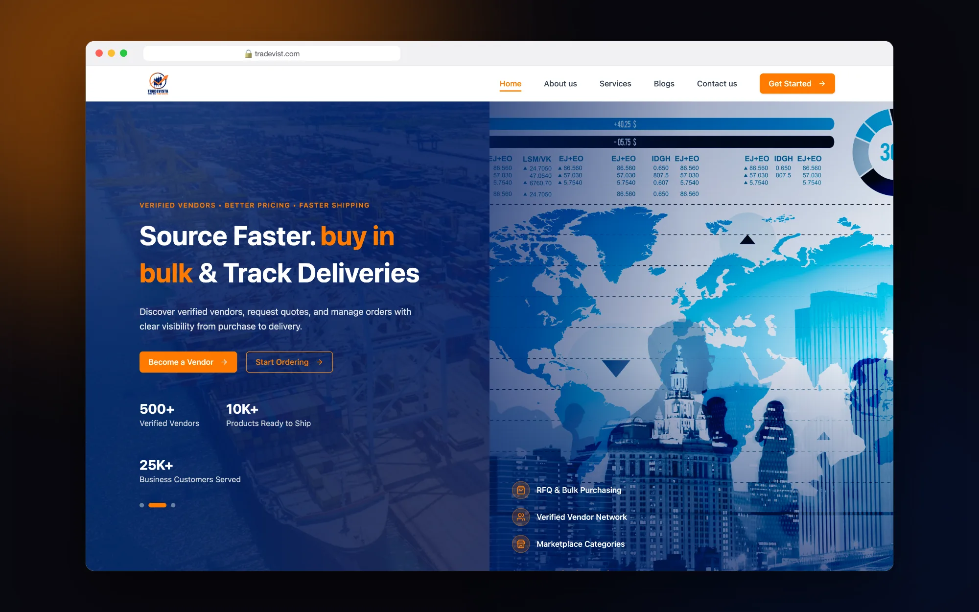 Trade Vista: Homepage hero with calls for vendors and buyers.