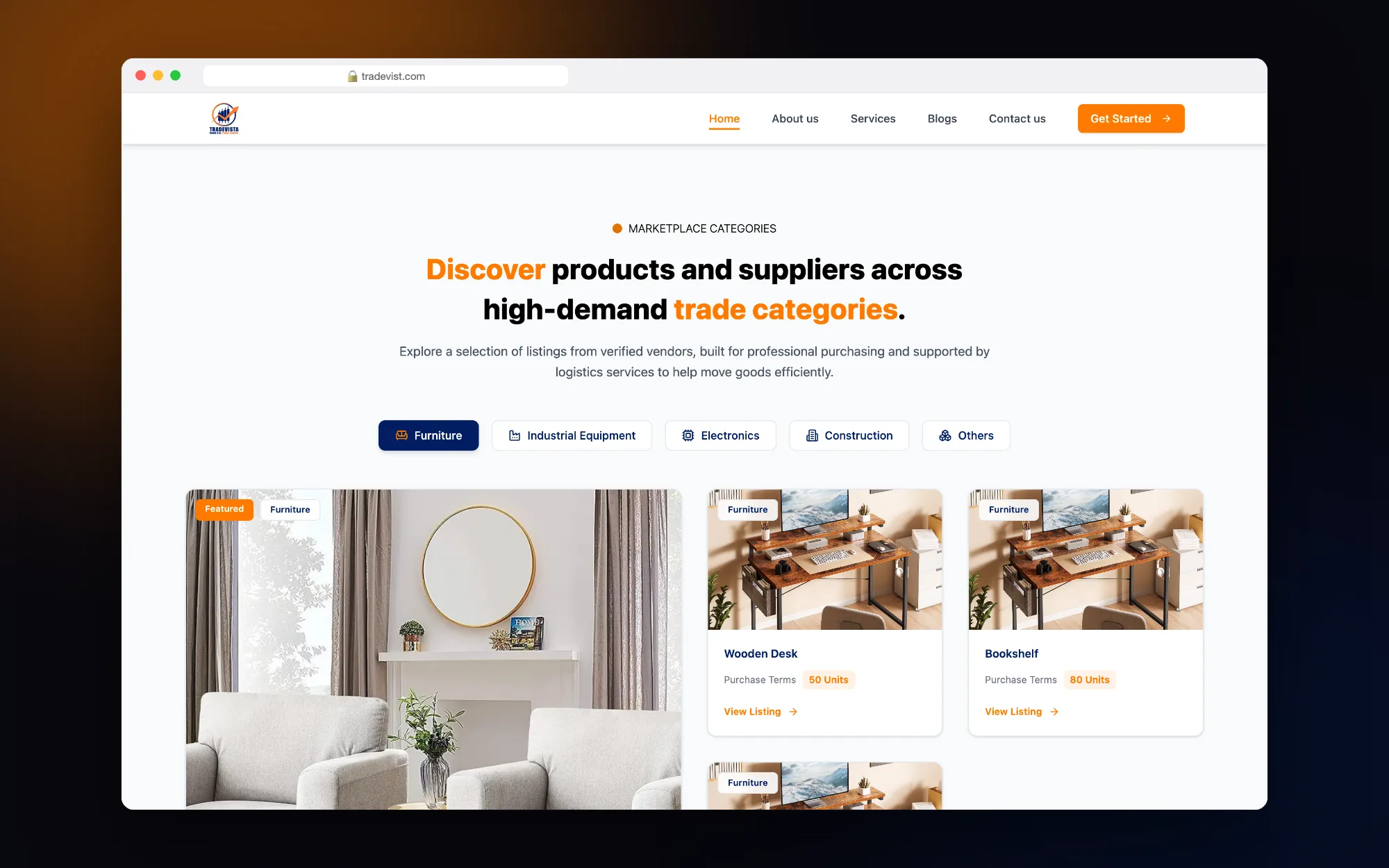 Trade Vista: Marketplace categories with filters and product cards.