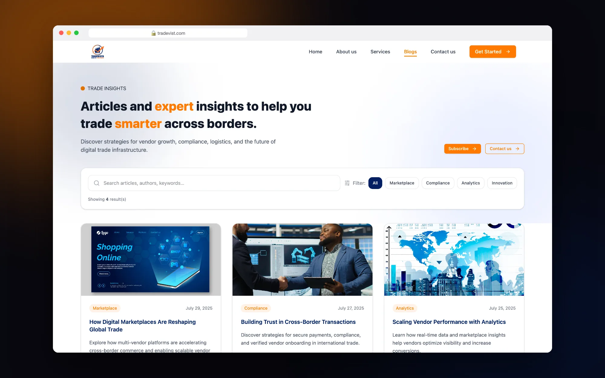 Trade Vista: Blog with search and category filters.