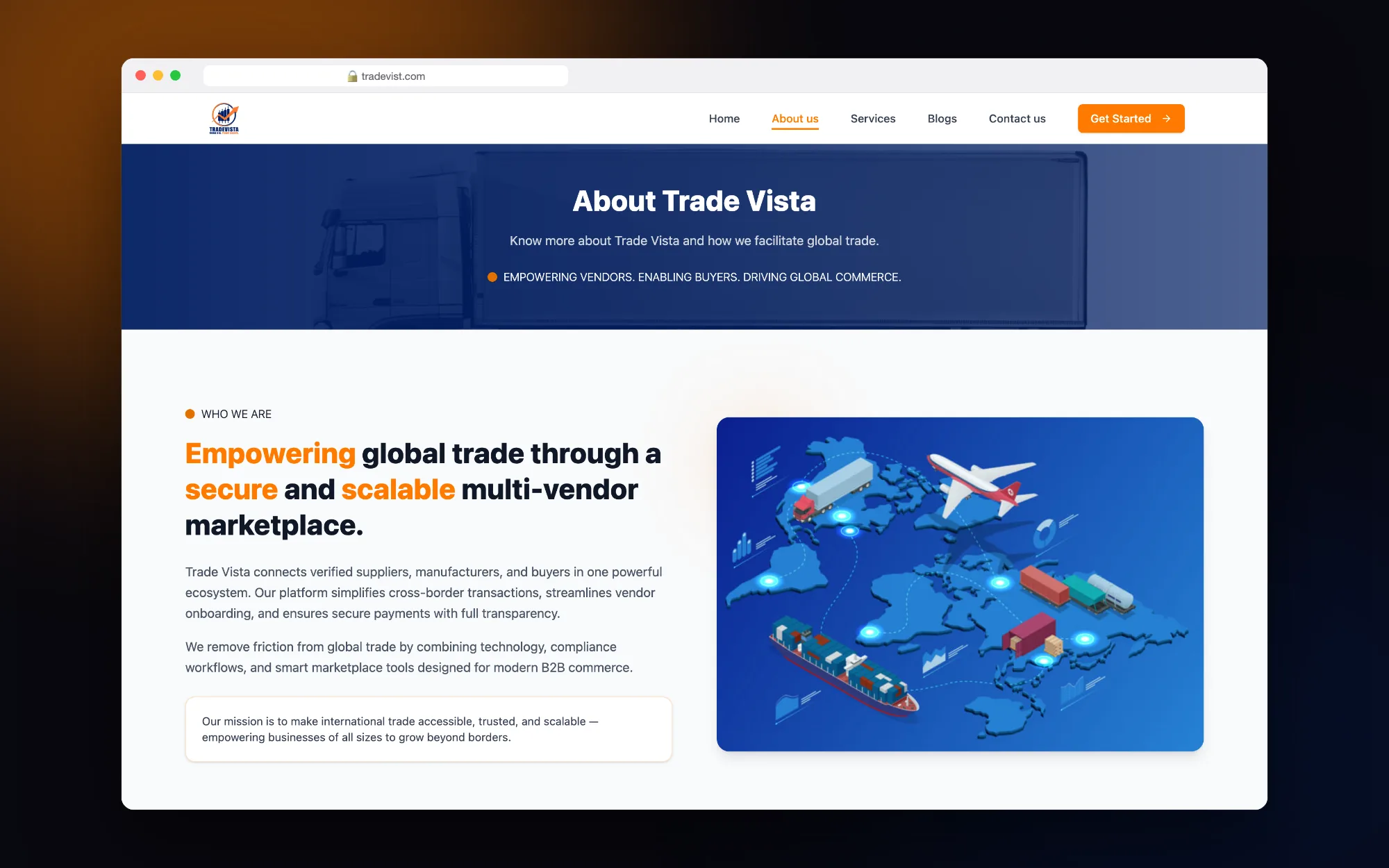 Trade Vista: About page with the company story and mission.
